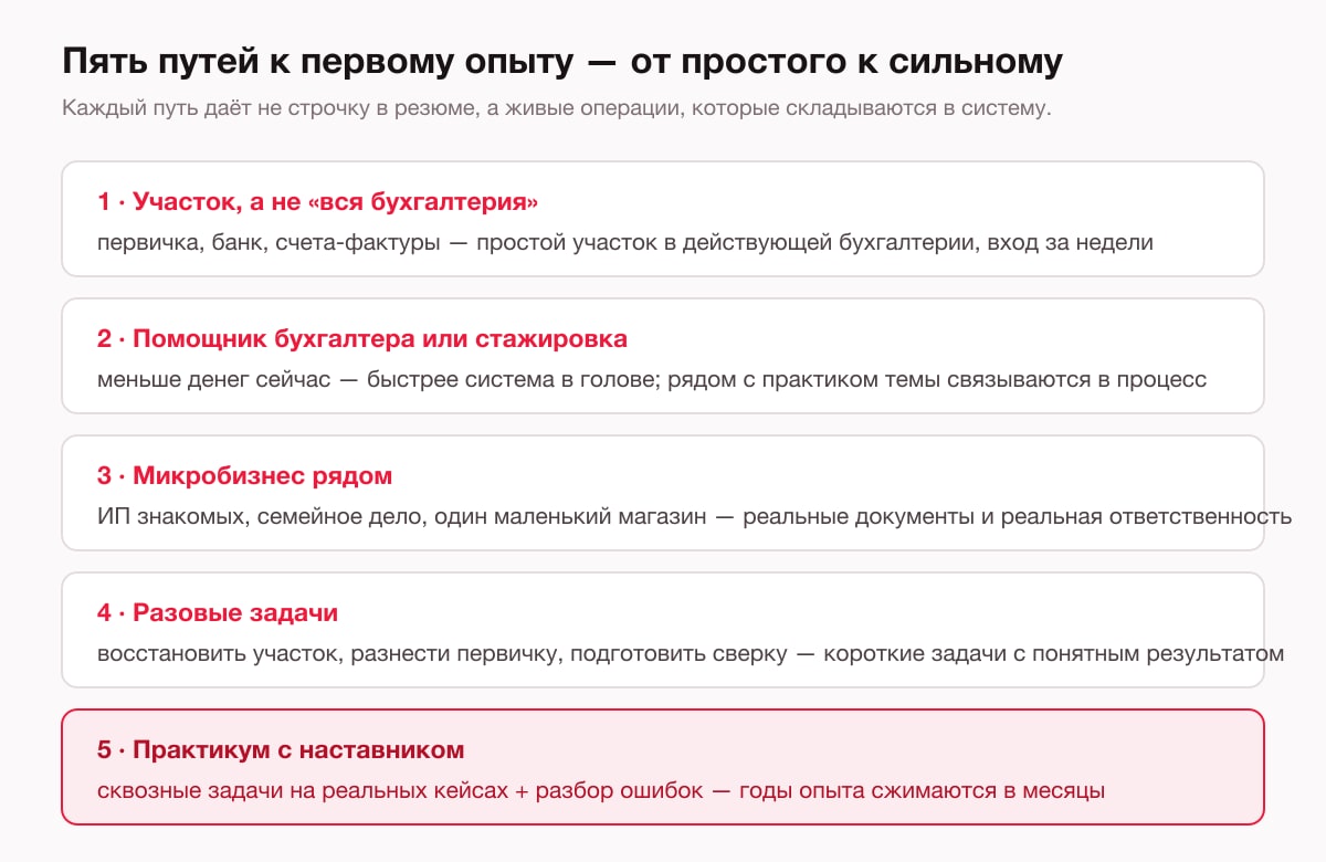 Пять путей к первому опыту бухгалтера: простой участок, помощник или стажировка, микробизнес знакомых, разовые задачи, практикум с наставником