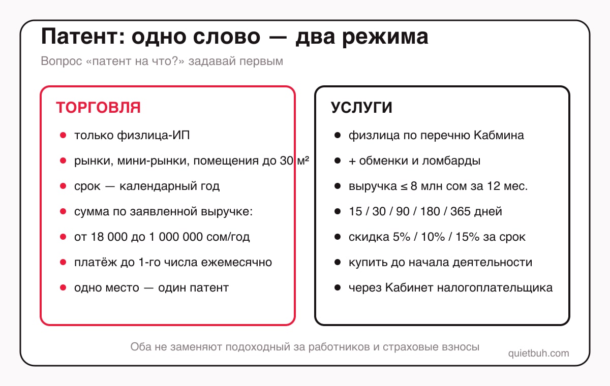 Два вида патента в Кыргызстане 2026: торговля — физлица на рынках и в помещениях до 30 м², на календарный год, сумма по выручке от 18 000 до 1 000 000 сомов; услуги — по перечню Кабмина, выручка до 8 млн сомов, срок 15–365 дней, скидки 5–15%