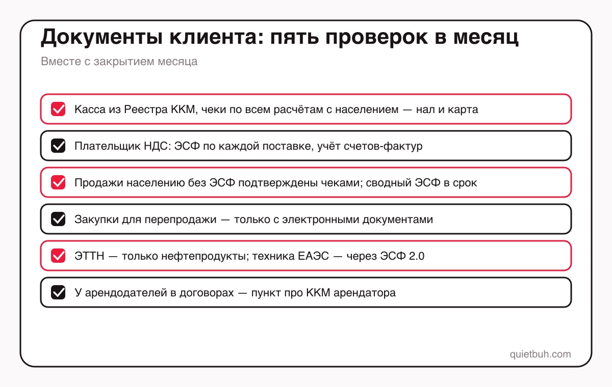 Что проверить бухгалтеру по документам клиента в Кыргызстане: касса из Реестра ККМ и чеки по всем расчётам с населением, ЭСФ по поставкам плательщика НДС, сводный ЭСФ по продажам населению, закупки с электронными документами, ЭТТН только по нефтепродуктам, прослеживаемость техники ЕАЭС через ЭСФ 2.0
